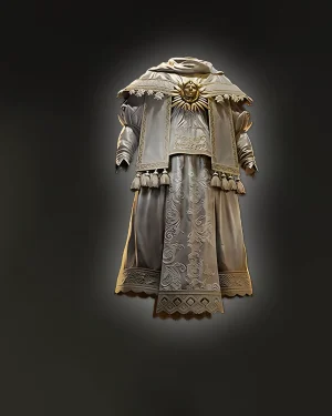 Buy PoE 2 Silks of Veneration showing Enlightened Robe unique body armour with ornate white and gold design