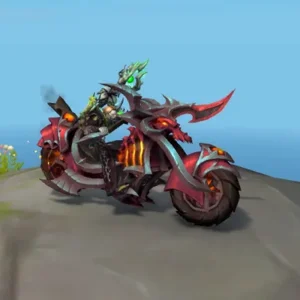 Warlock wearing Mists of Pandaria Challenge Mode Gold Set and riding Hateforged Blazecycle mount