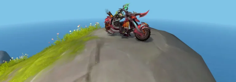 Warlock wearing Mists of Pandaria Challenge Mode Gold Set and riding Hateforged Blazecycle mount