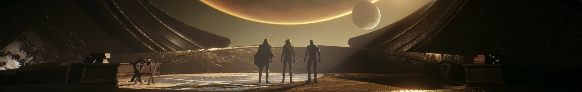 Three figures stand before a cosmic horizon in Dune Awakening wallpaper