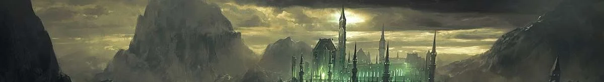 Dark green-lit fantasy fortress between misty mountains under a stormy sky – Last Epoch style background