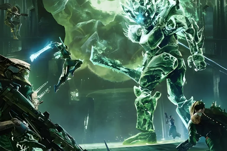 The massive glowing green form of Crota and the Oversoul looming over a fireteam, the final challenge to overcome when you Buy Destiny 2 Crota’s End Carry.