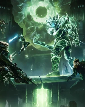A Guardian striking the giant Hive boss Crota with a sword while the Oversoul glows green, representing the victory you get when you Buy Destiny 2 Crota’s End Carry.