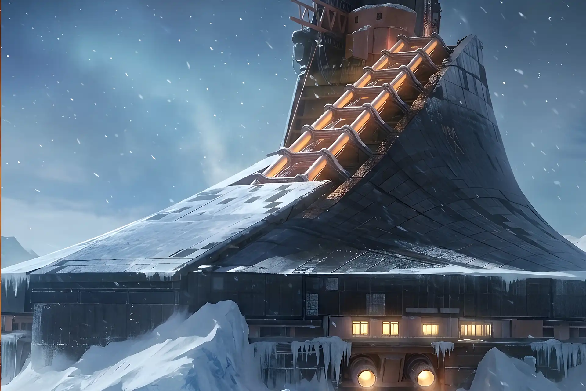 A massive dark tower structure rising from the snow on Europa, illustrating the atmospheric setting of a Buy Deep Stone Crypt Carry.
