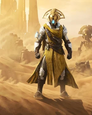 Destiny 2 Warlock wearing the full golden "Collective Psyche" gear, showcasing the rewards when you Buy Desert Perpetual Raid Armor Set.