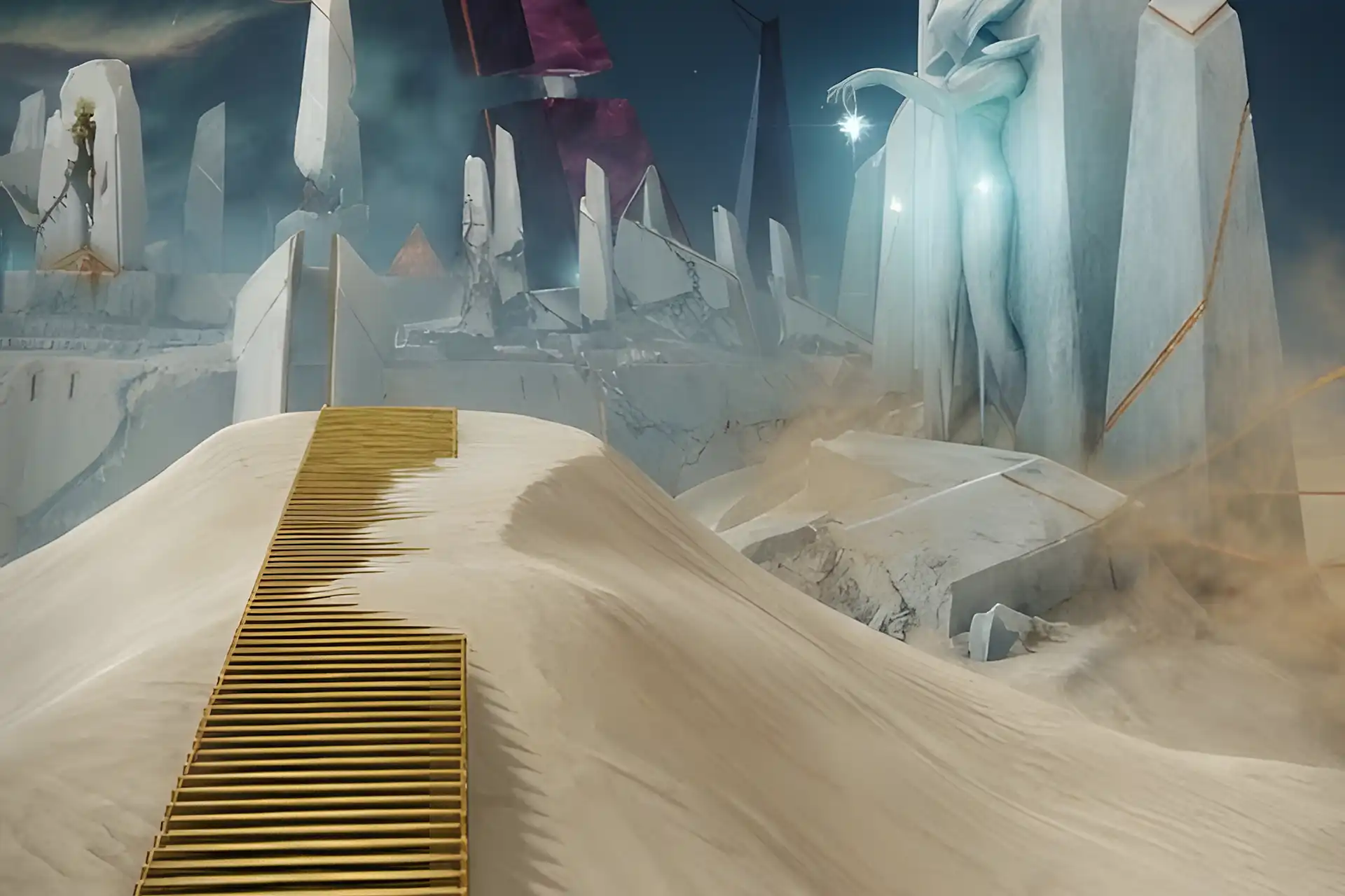 Massive white statues and abstract geometric towers rising from the desert dunes in the Destiny 2 Desert Perpetual raid, a key location to Buy Desert Perpetual Raid Clear.