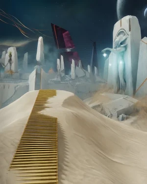 Guardians traversing the white sands and geometric structures of the Nine's realm, showcasing the environment you explore when you Buy Desert Perpetual Raid Clear.