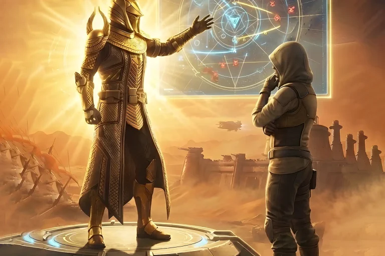 Golden-armored mentor pointing at a holographic strategy board while a Hunter watches intently, a visual metaphor for 1-on-1 Destiny 2 Coaching.