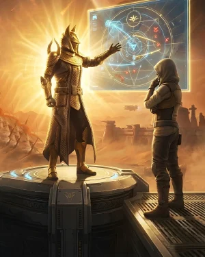 A pro Guardian analyzing a holographic tactical map while teaching a student, illustrating the personalized feedback provided in Destiny 2 Coaching.