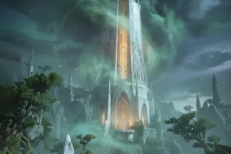 The elegant Awoken architecture of the Last Wish raid tower glowing in the mist, a location explored with a Buy Destiny 2 Last Wish Carry service.