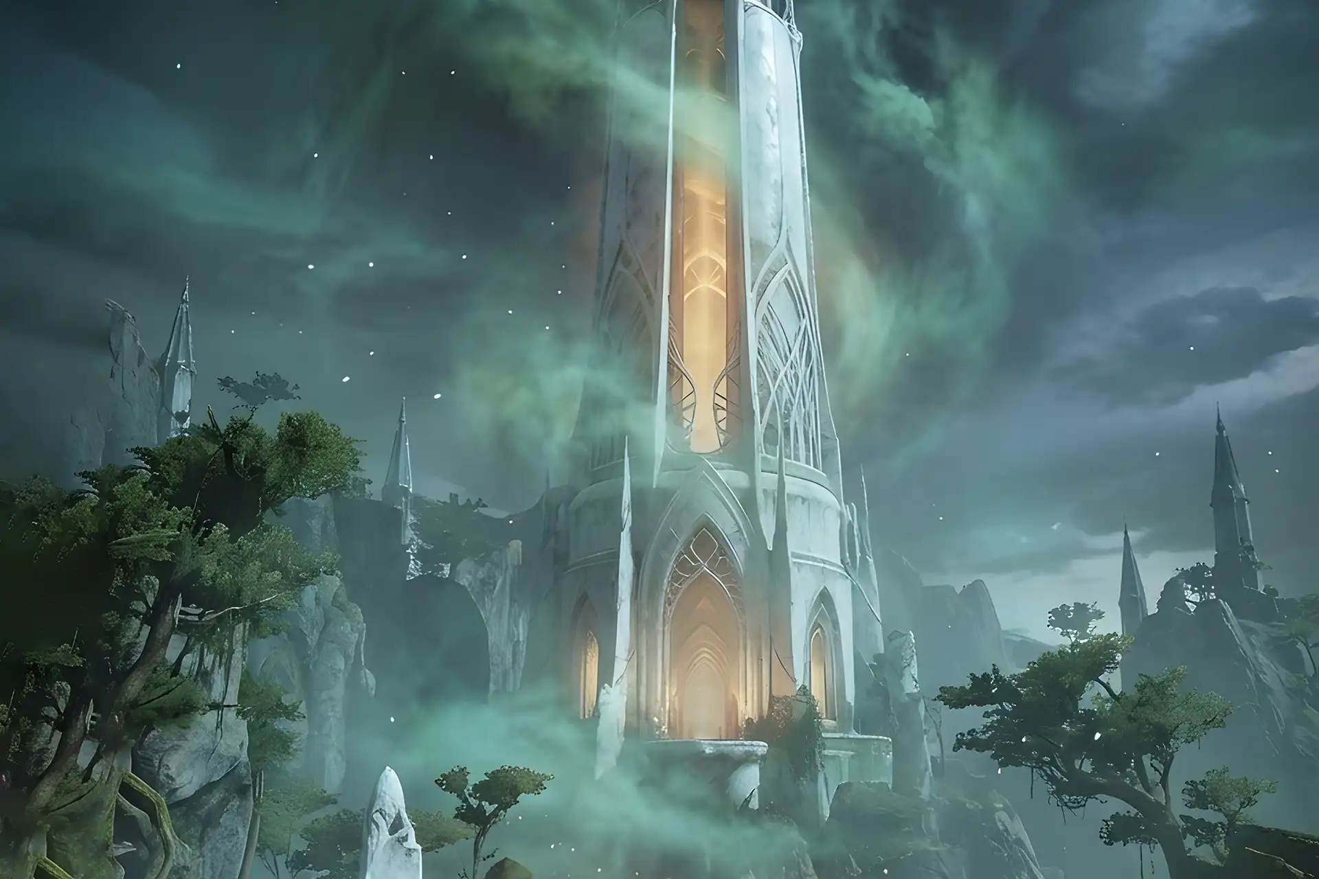 The elegant Awoken architecture of the Last Wish raid tower glowing in the mist, a location explored with a Buy Destiny 2 Last Wish Carry service.