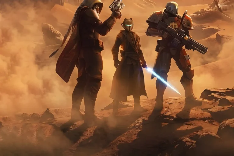 Destiny 2 Hunter, Warlock, and Titan looking out over a desert outpost on a new planet, the setting you explore when you Buy Destiny 2 Renegades Campaign Carry.