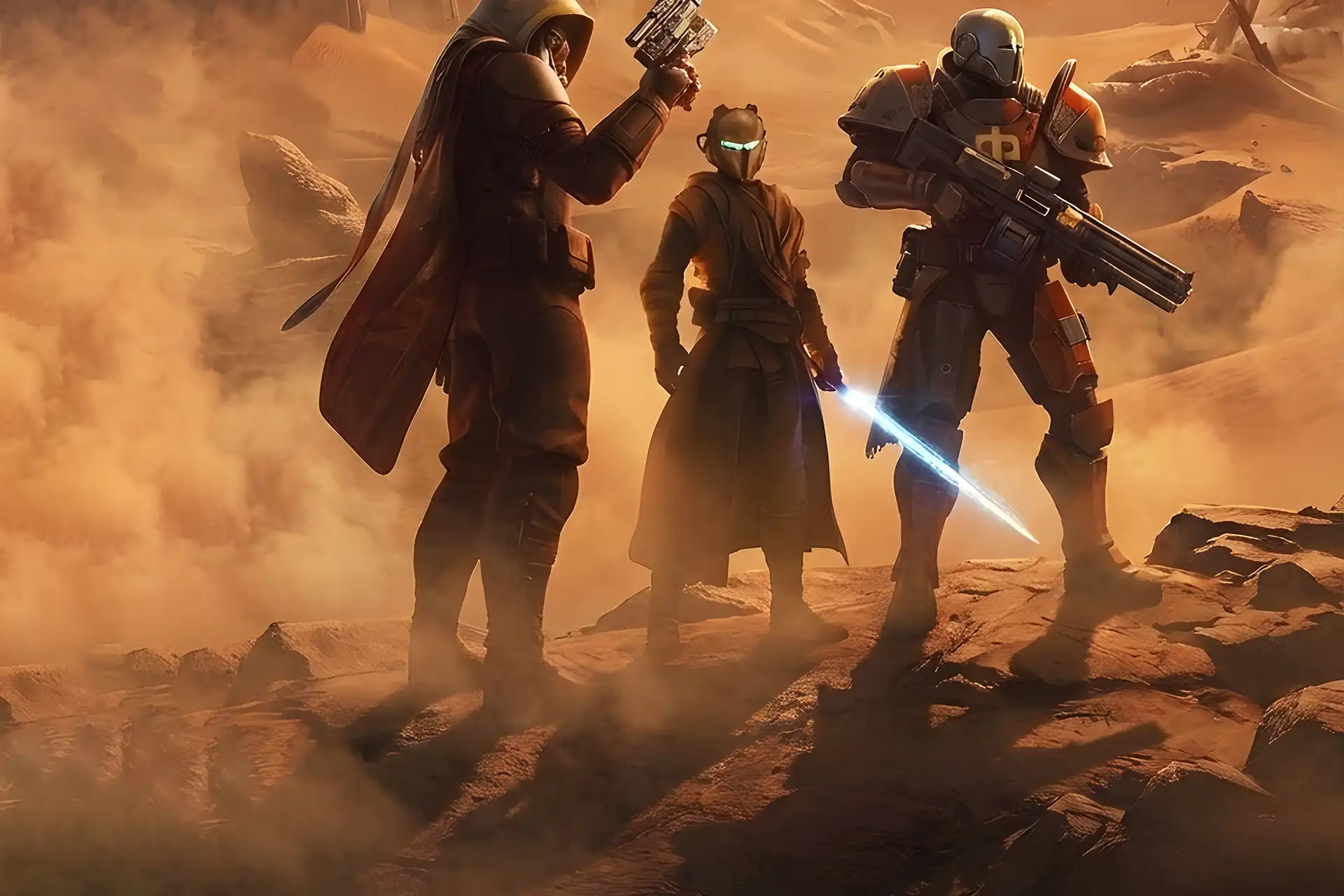 Destiny 2 Hunter, Warlock, and Titan looking out over a desert outpost on a new planet, the setting you explore when you Buy Destiny 2 Renegades Campaign Carry.