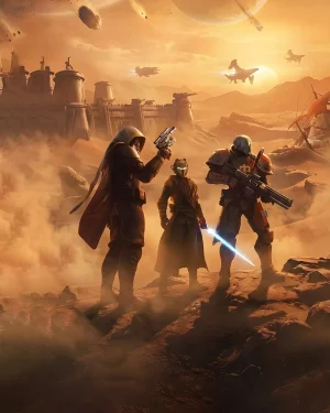 Three Guardians with new blaster weapons and a lightsaber-like sword standing on a desert cliff overlooking a settlement, illustrating the rewards when you Buy Destiny 2 Renegades Campaign Carry.