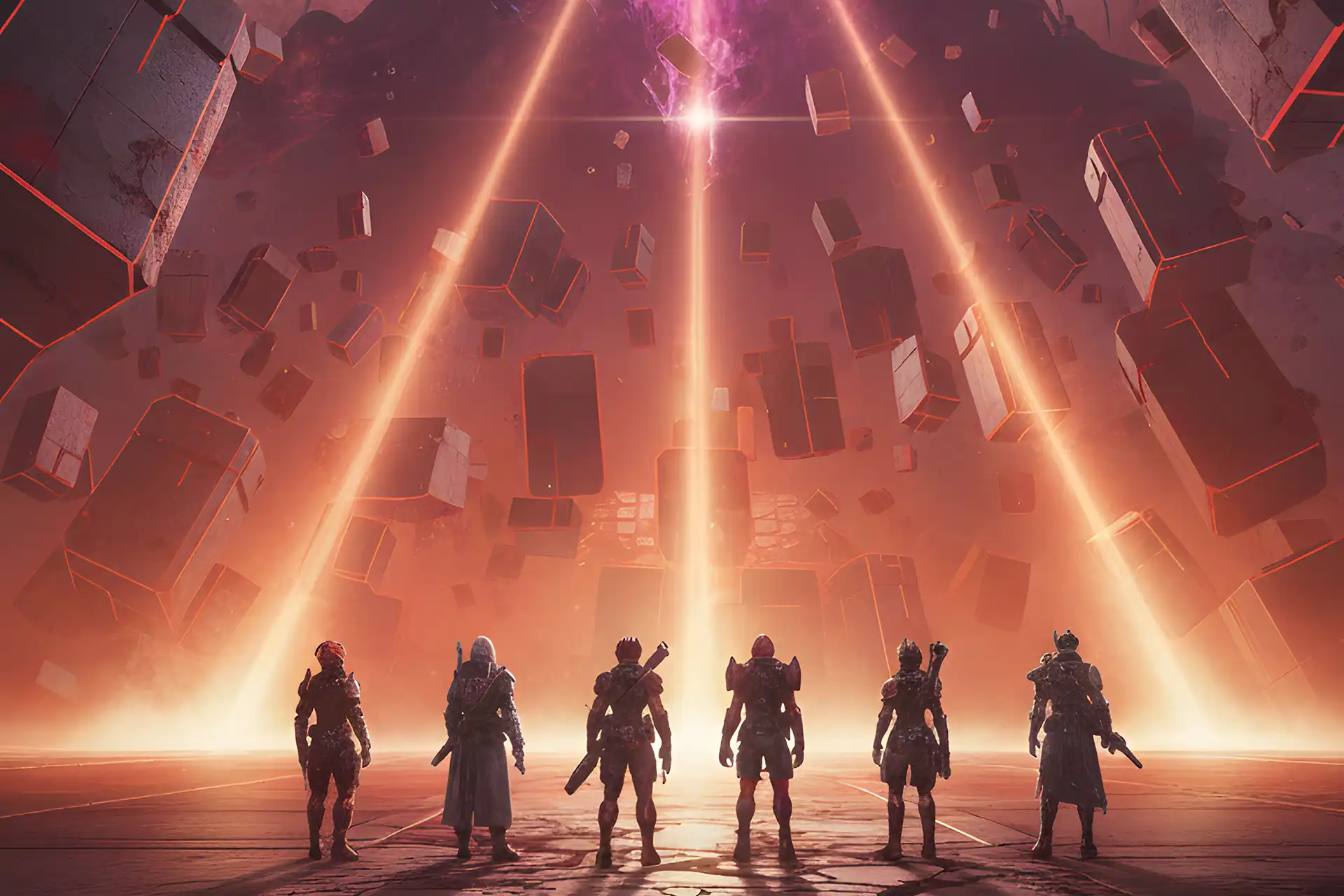 Silhouette of six Destiny 2 players standing before the floating monoliths of the Witness, illustrating the scale of a Destiny 2 Salvation’s Edge Carry run.