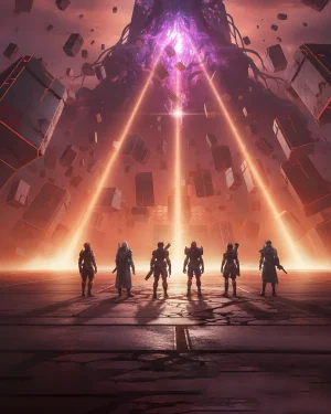 A full fireteam of six Guardians staring up at the ominous raid architecture, representing the team you get with a Destiny 2 Salvation’s Edge Carry.