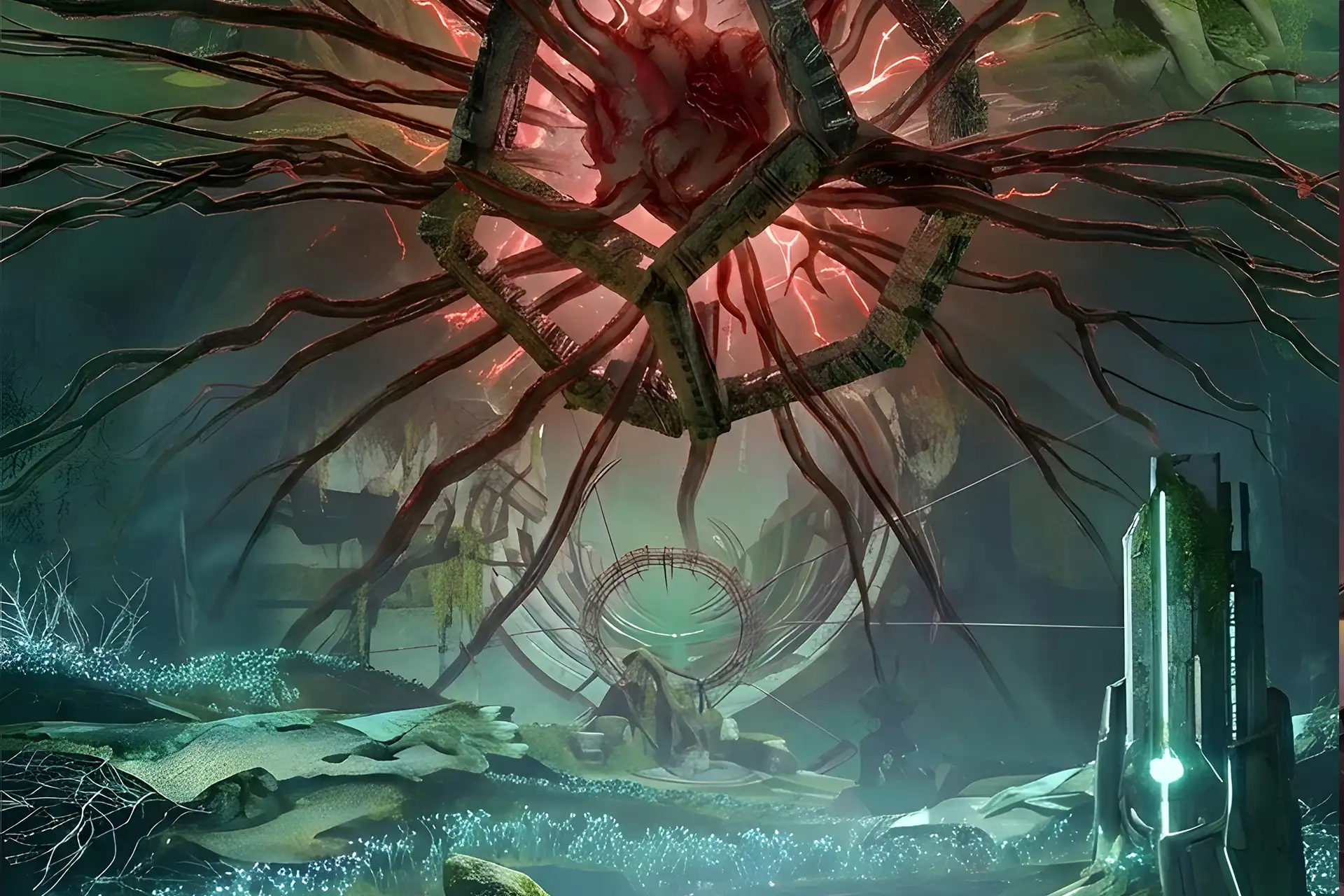Red roots tangling around a floating Vex cube in a lush green cavern, illustrating the environment of a Destiny 2 Garden of Salvation Carry.