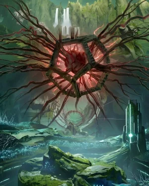 A massive Vex structure corrupted by red energy vines in the Black Garden, the final challenge to overcome with a Destiny 2 Garden of Salvation Carry.