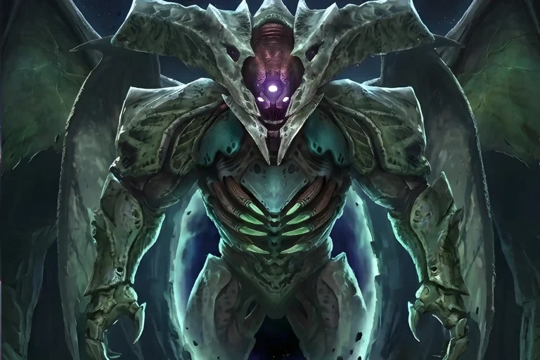 Close up of Oryx, the Hive God with glowing purple eyes, the iconic enemy you defeat with a Buy King’s Fall Carry service.