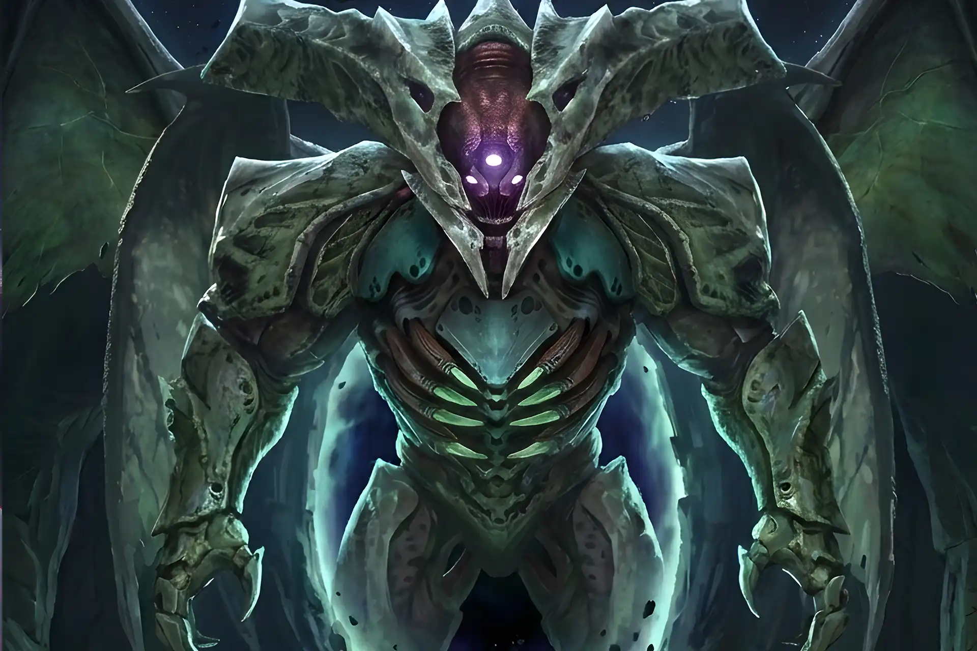 Close up of Oryx, the Hive God with glowing purple eyes, the iconic enemy you defeat with a Buy King’s Fall Carry service.