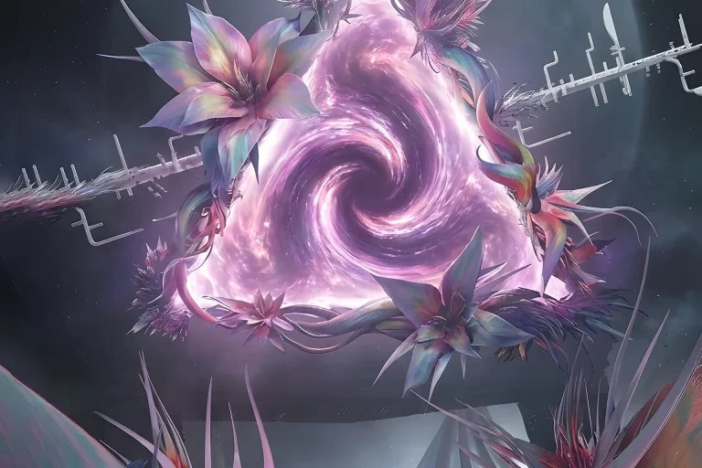 Surreal pink and purple flora growing out of dark geometric architecture, the unique environment you explore when you Buy Root of Nightmares Carry.