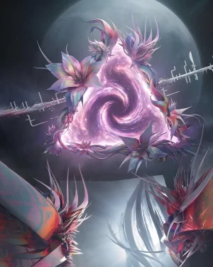A glowing portal surrounded by vibrant alien flowers on a Pyramid ship, representing the loot destination when you Buy Root of Nightmares Carry.