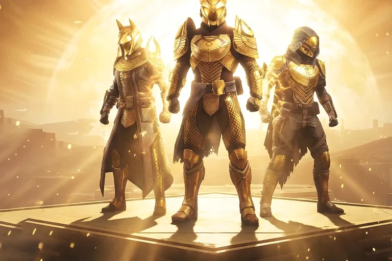 Golden Eye of Osiris symbol glowing behind Warlock, Titan, and Hunter characters, representing the loot available if you Buy Trials of Osiris Carry.