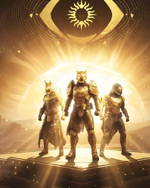 Three Destiny 2 Guardians in golden Flawless armor standing before the Eye of Osiris, illustrating the rewards when you Buy Trials of Osiris Carry.