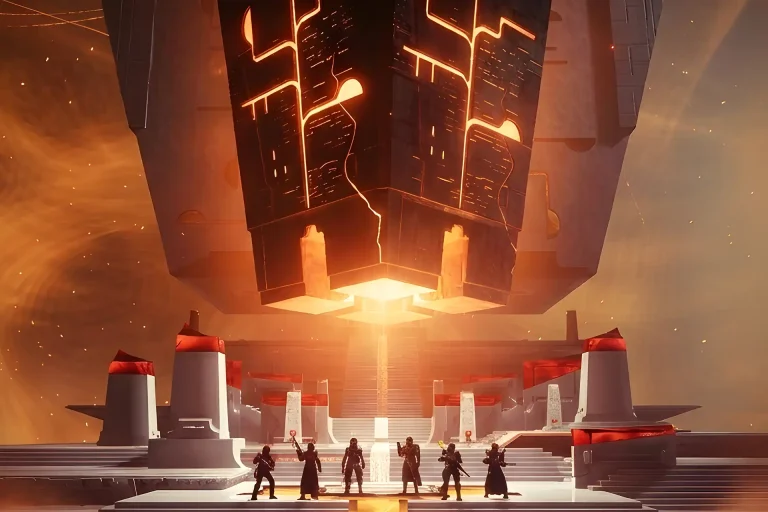 The massive orange-glowing monolith known as The Upended looming over a raid team, the environment you explore when you Buy Vow of the Disciple Carry.