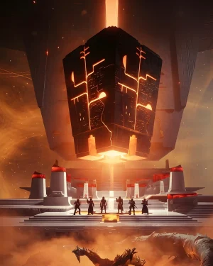 A fireteam of six Guardians standing beneath the massive glowing Upended device, the final destination when you Buy Vow of the Disciple Carry.