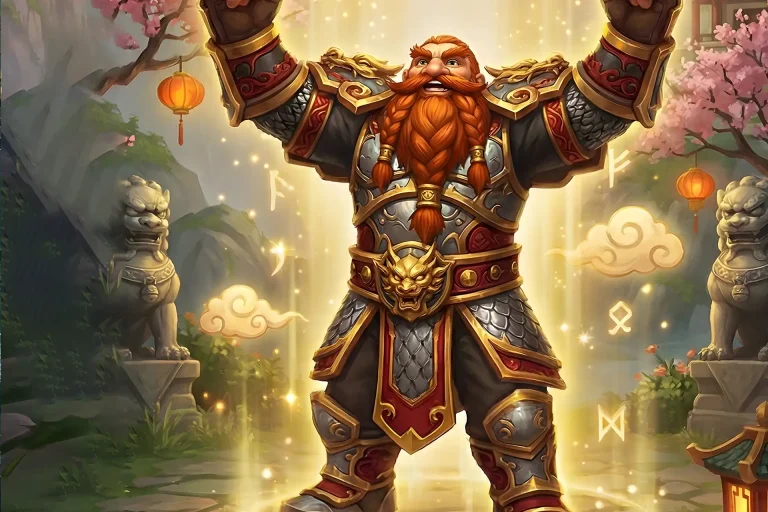 A triumphant Dwarf character surrounded by golden light, illustrating the max-level reward from a WoW Titan Reforged Leveling Boost service.