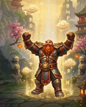 Dwarf Warrior in ornate armor celebrating a level up, representing the 1-80 completion of a WoW Titan Reforged Leveling Boost.