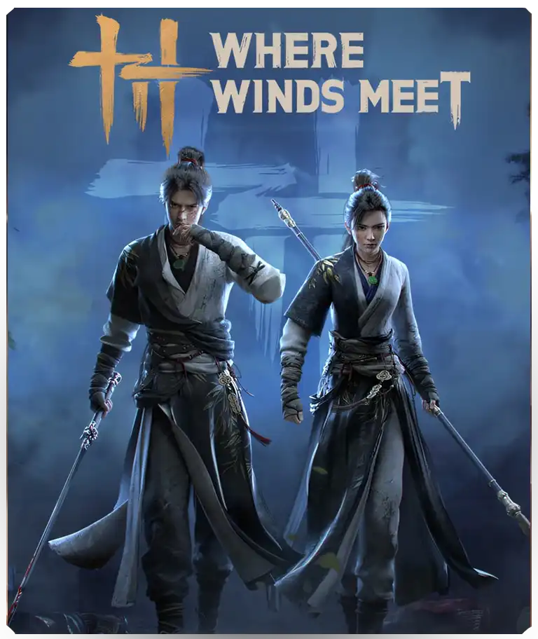 Where Winds Meet thumbnail featuring a wuxia warrior and ancient Chinese scenery