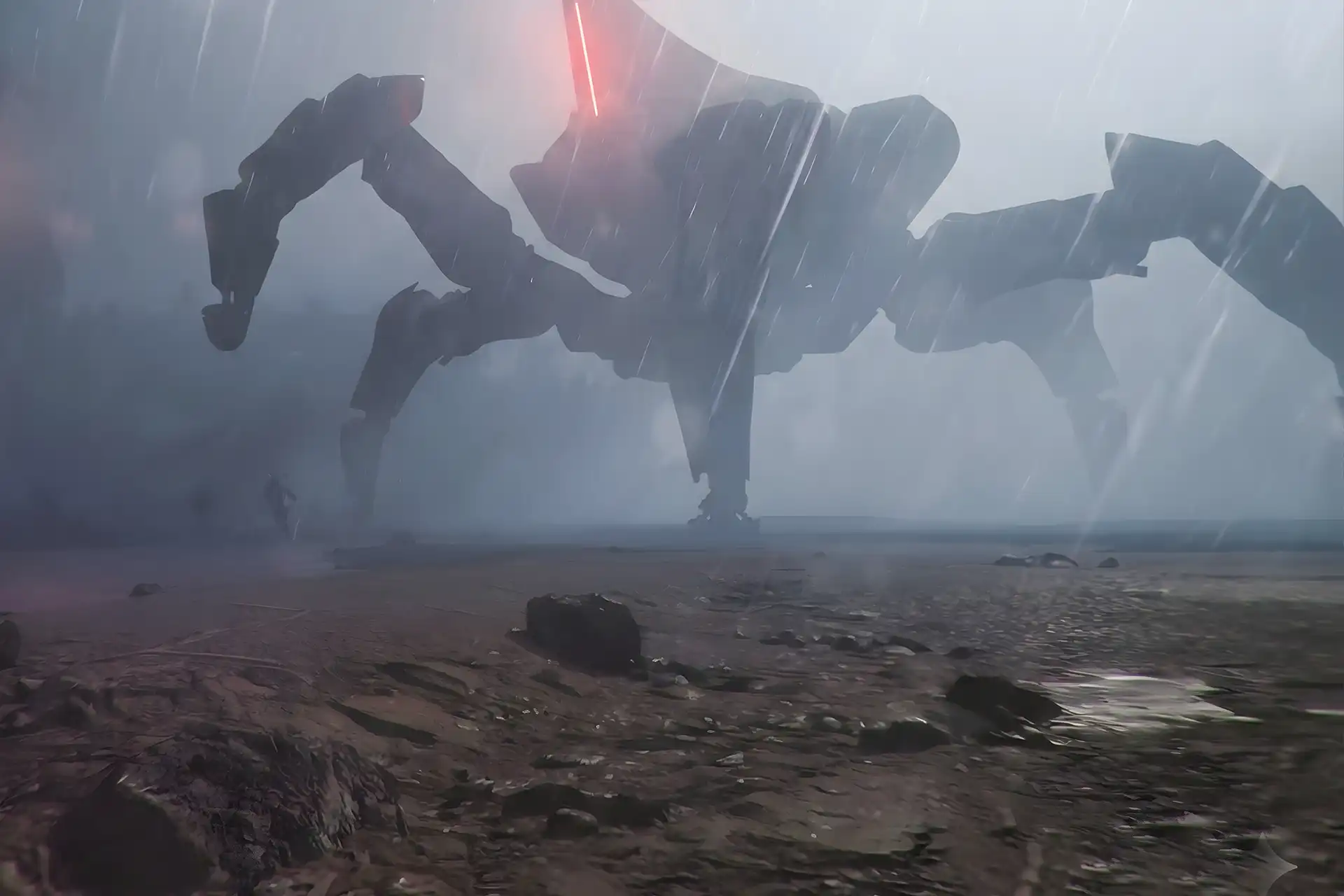 ARC Raiders Matriarch world boss encounter with towering mechanical ARC under heavy rain