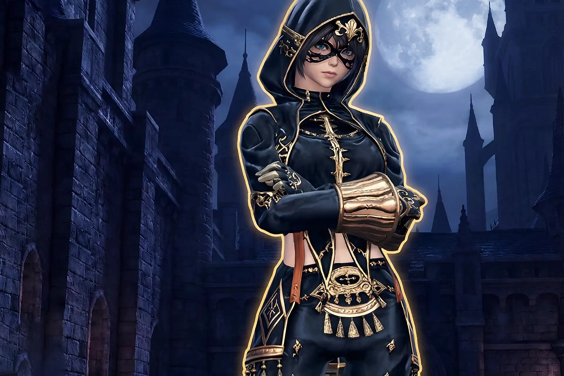 Character in detailed armor under full moon representing Buy FFXIV – Mistwake Gear Set 755 ilvl boost for fast endgame gearing