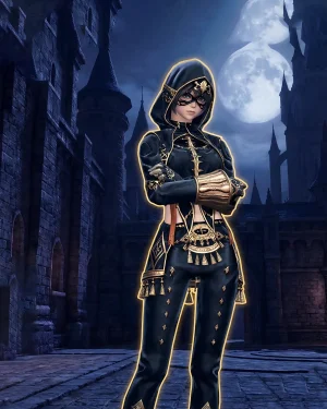 Buy FFXIV – Mistwake Gear Set showcasing a geared character in a gothic moonlit courtyard ready for gear boost service