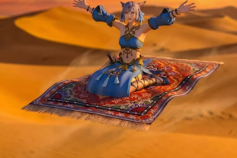 FFXIV Merchant’s Tale Criterion Dungeon clear artwork with adventurer soaring above desert sands