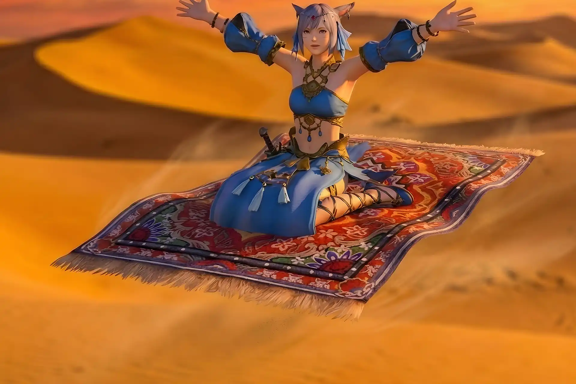 FFXIV Merchant’s Tale Criterion Dungeon clear artwork with adventurer soaring above desert sands