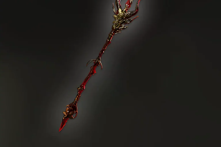 PoE 2 Atziri’s Contempt unique spear weapon with blood red blade and ornate corrupted details