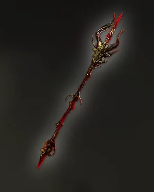 Buy PoE 2 Atziri’s Contempt showing unique pronged spear with crimson and gold corrupted design