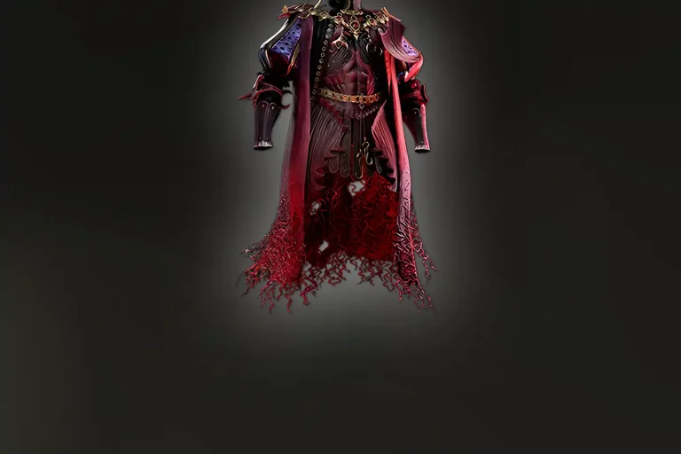Buy PoE 2 Couture of Crimson – detailed red body armour with gold accents and torn crimson fabric