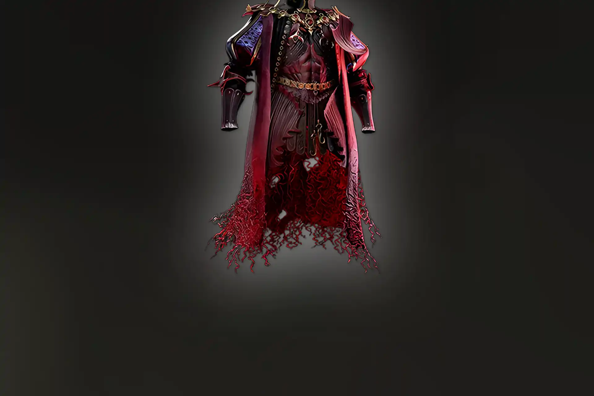 Buy PoE 2 Couture of Crimson – detailed red body armour with gold accents and torn crimson fabric