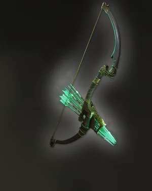 Fairgraves’ Curse unique bow artwork from Path of Exile 2 — green-tinged bow with spectral fire effects.