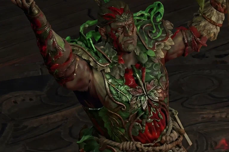 Buy PoE 2 Jade Isle Carry – close-up of ritual druid boss with leaf armor from the Jade Isle zone