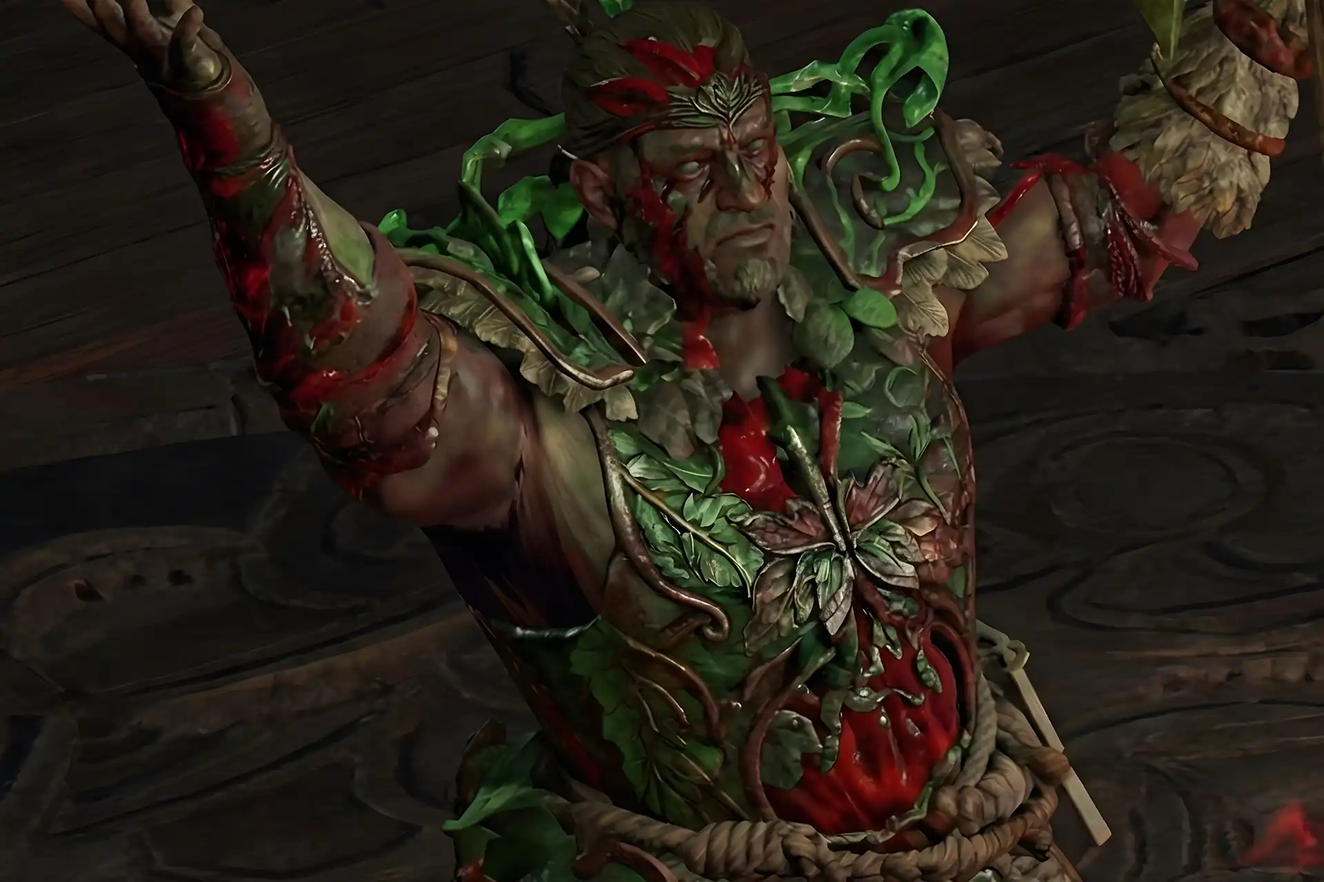 Buy PoE 2 Jade Isle Carry – close-up of ritual druid boss with leaf armor from the Jade Isle zone