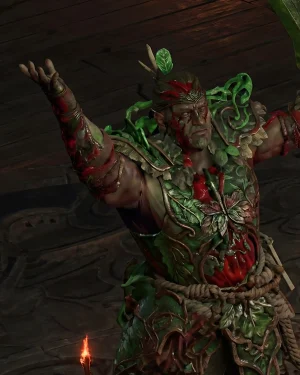 Buy PoE 2 Jade Isle Carry – Tavakai druid boss in green armor with raised hands during Jade Isle encounter