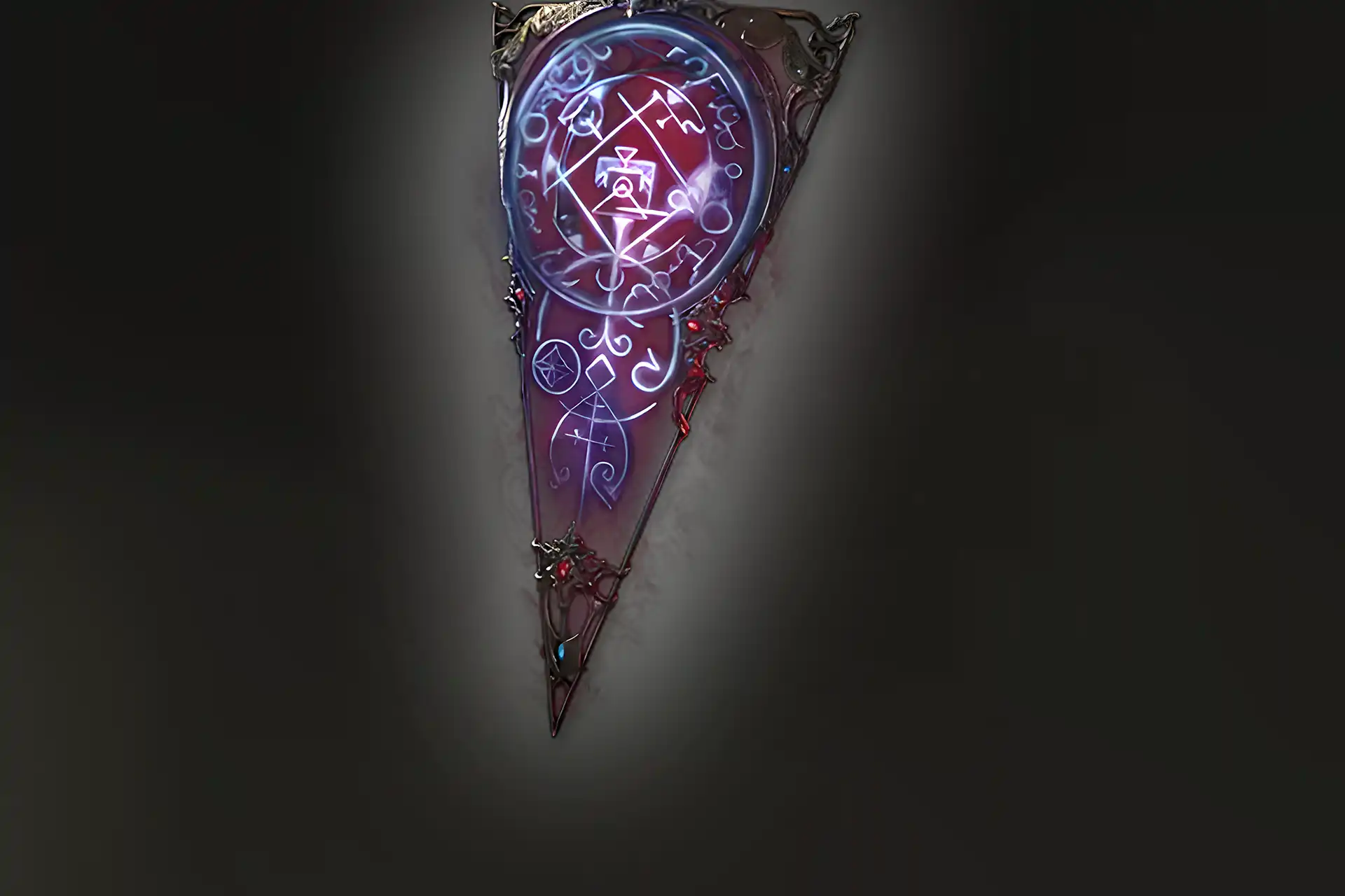 Path of Exile 2 Saffell’s Frame shield icon — ornate off-hand shield with glowing magical sigils.