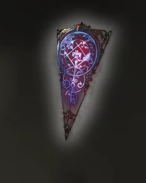 Saffell’s Frame Emblem Crest Shield artwork from Path of Exile 2 — a mystical shield with arcane symbols and red-blue energy core.
