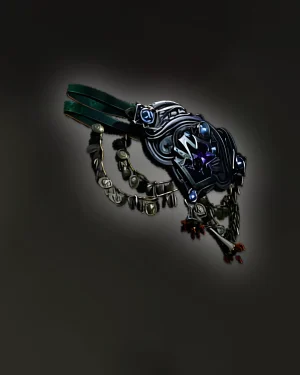 Shavronne’s Satchel fine belt artwork from Path of Exile 2 — a dark belt with arcane-blue gems and dangling talismans.