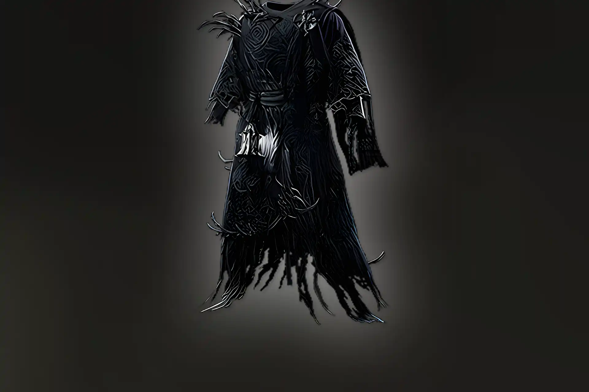 Path of Exile 2 “The Black Doubt” unique body armour — dark robe with mystical runes and spectral aura.